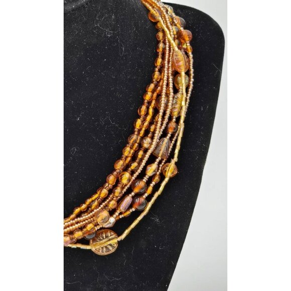 Multi-Strand Amber Glass Beaded 16" Necklace Lobster Claw Clasp Extender - Picture 4 of 9